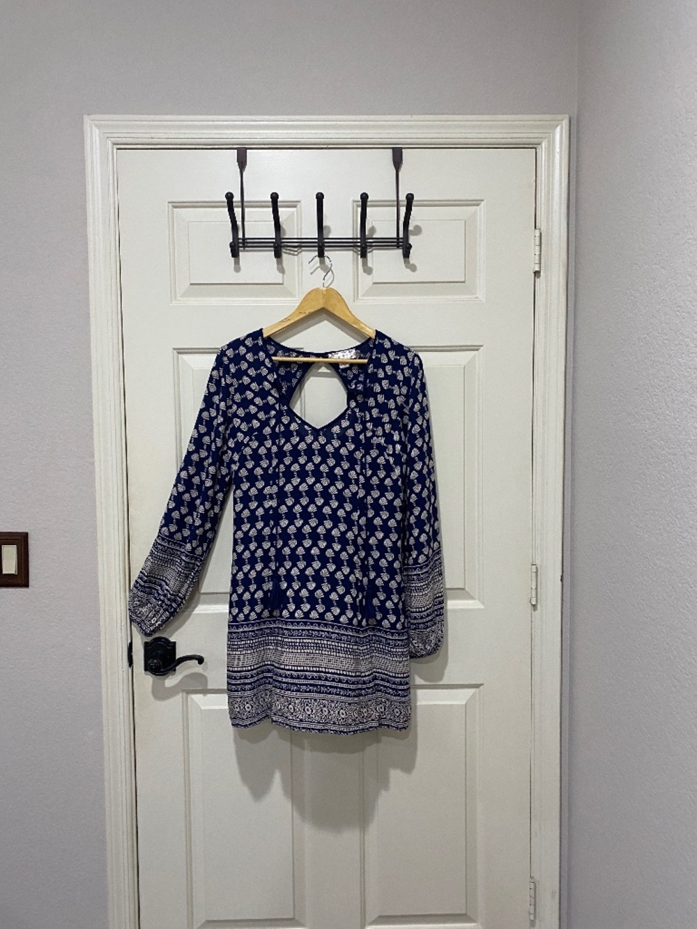 Band of Gypsies Navy White Print Long Sleeve Mini Dress M Boho